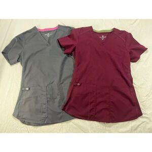 Med Couture 7459 Scrubs Top XS Extra Small Pewter & Wine V-Neck Stretch Lot of 2